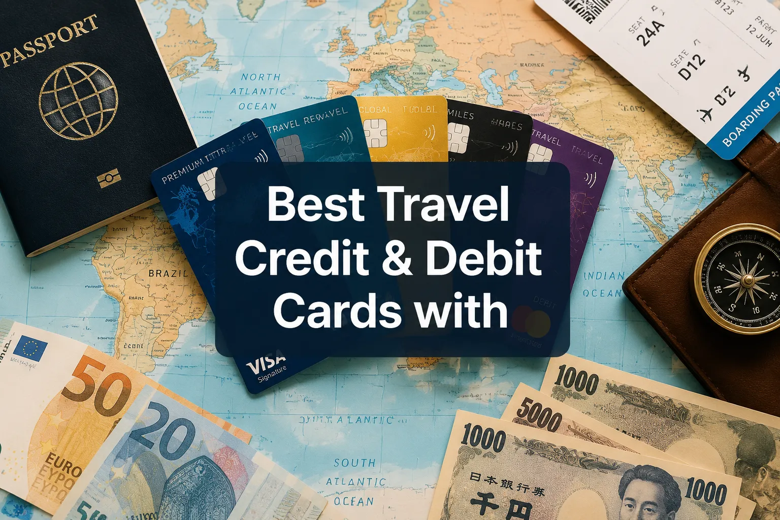 Image professionnelle () avec 'Meilleures cartes de crédit et de débit de voyage avec' en blanc net, moderne, centré sur un semi-transparent